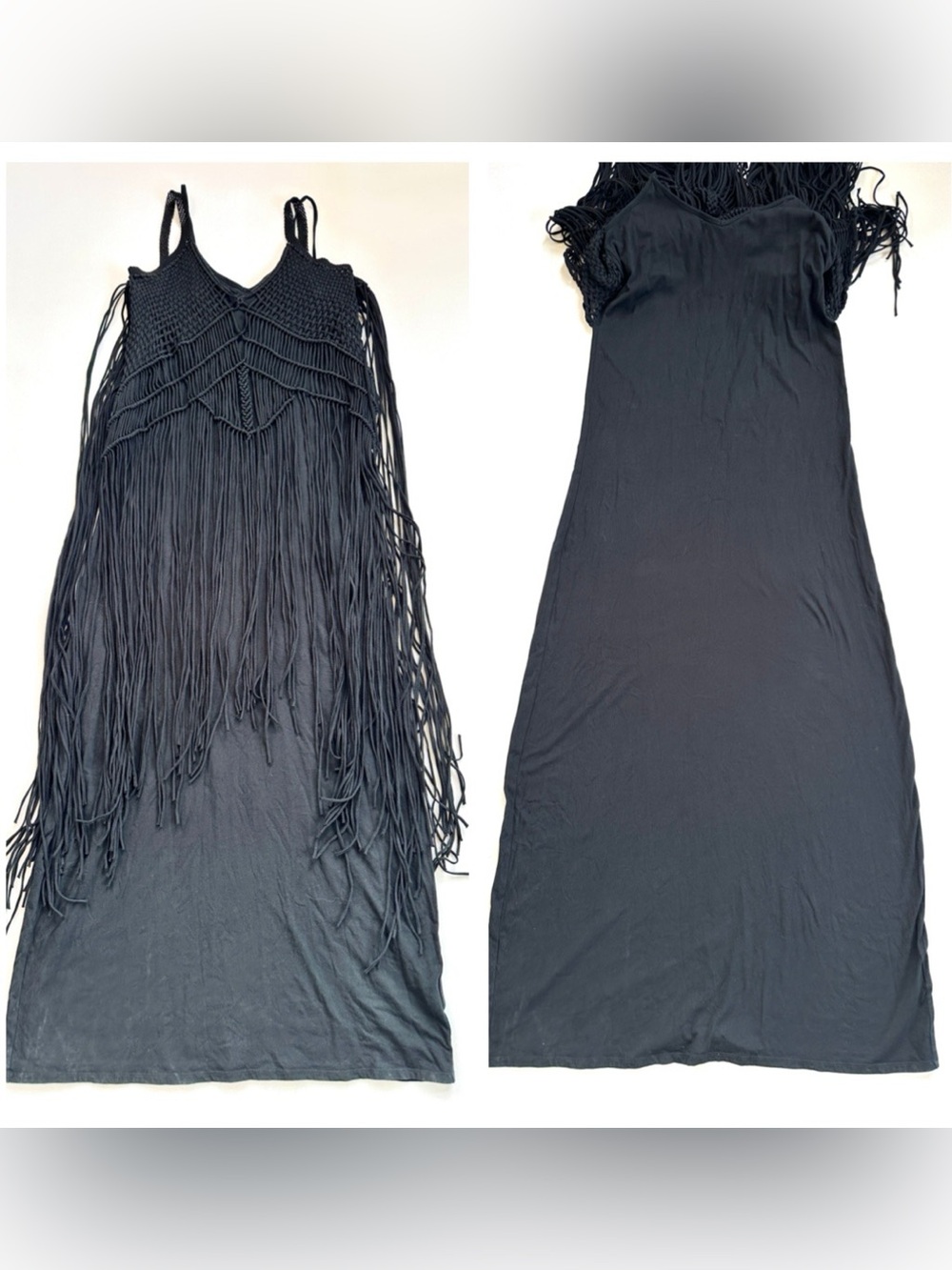 RALPH LAUREN DENIM & SUPPLY BLACK CROCHET OVERLAY LONG FRINGE BOHO MAXI DRESS M - Picture 13 of 14